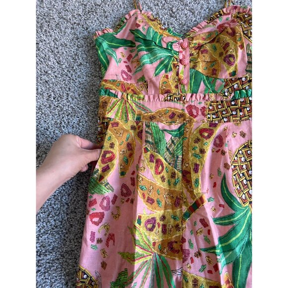 Farm Rio Womens Sz XS Smocked Jumpsuit Tropical Fruit Design /Pockets - Picture 3 of 13